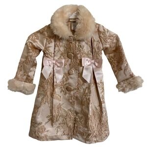 Blueberi Gold Toddler Girl Coat Dress 3T Gold Brocade Faux Fur‎ Collar Holiday